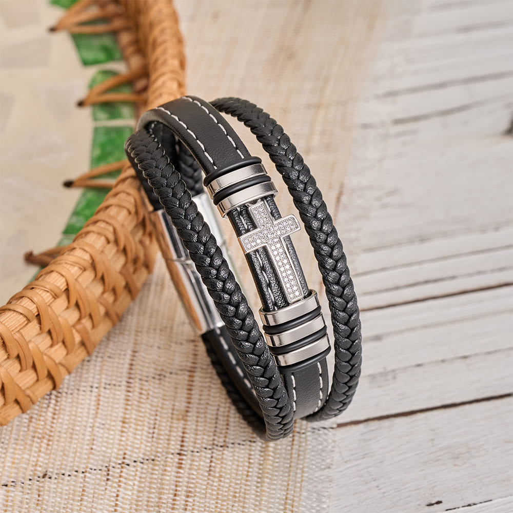 Multi-Layer Braided Leather Bracelet with Pave Zircon Cross & Three-Tone Metal Spacer