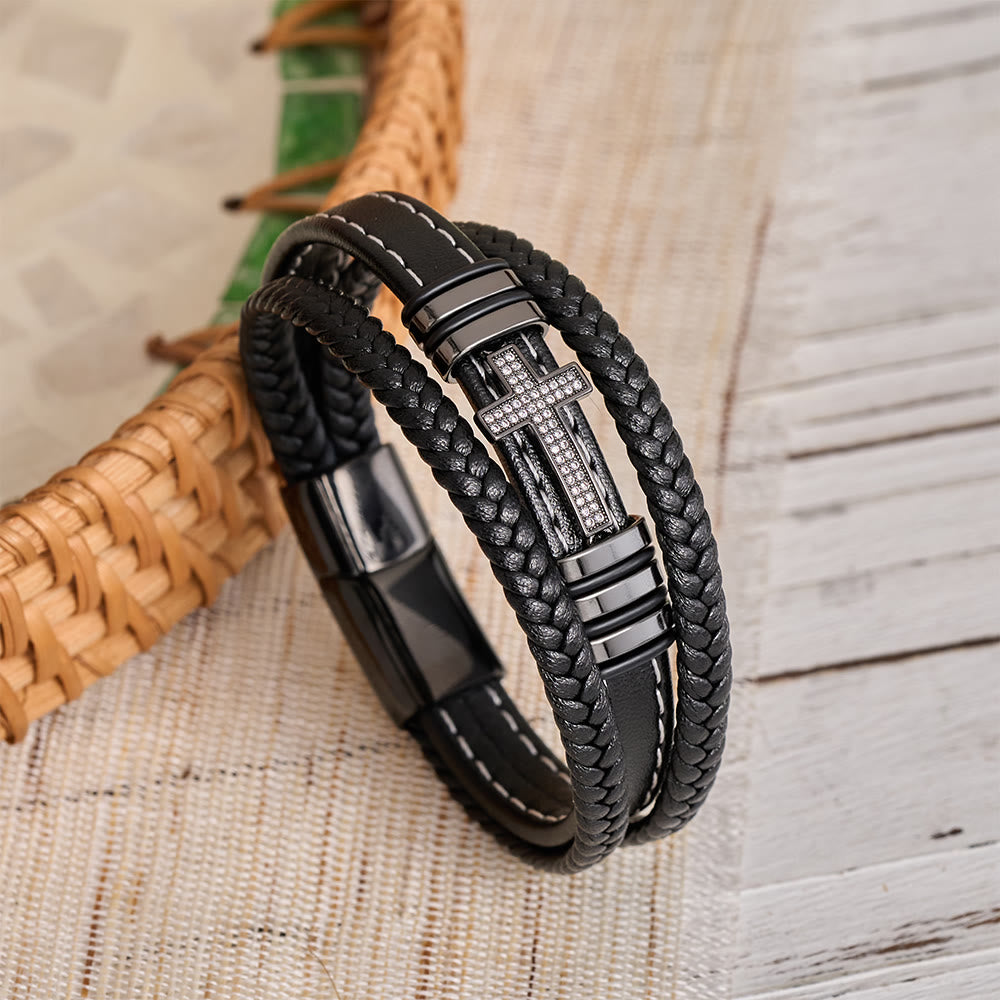 Multi-Layer Braided Leather Bracelet with Pave Zircon Cross & Three-Tone Metal Spacer