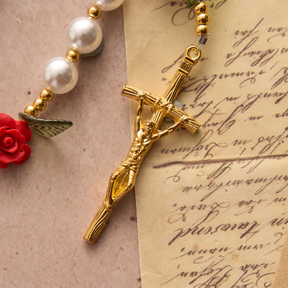 Classic Ivory & Red Rose Rosary: Soft Elegant Marian Devotion