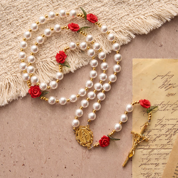 Classic Ivory & Red Rose Rosary: Soft Elegant Marian Devotion