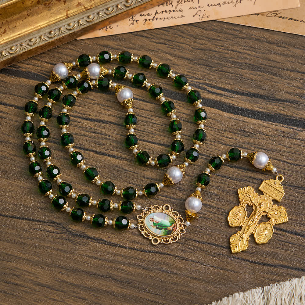 St. Jude Devotional Rosary with Green Glass & Crucifix