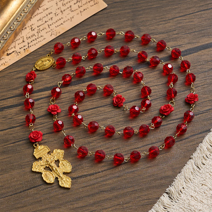 Crimson Rose & Red Glass Our Lady Rosary: Sacred Vintage Elegance