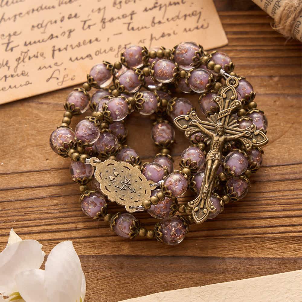 Lavender Shimmer Bead Catholic Rosary with Our Lady Medal & Crucifix