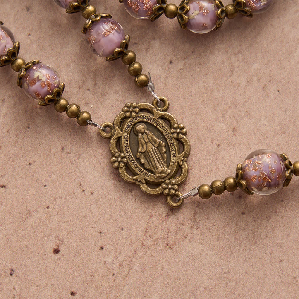 Lavender Shimmer Bead Catholic Rosary with Our Lady Medal & Crucifix