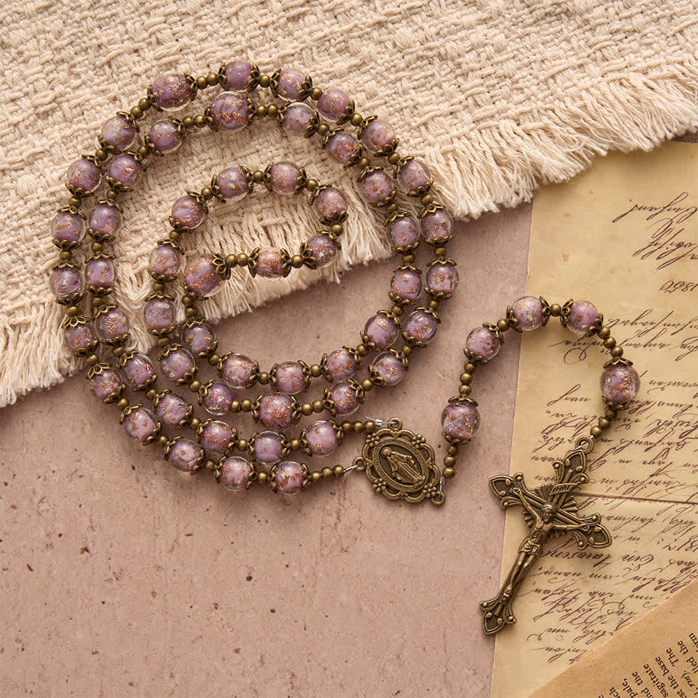 Lavender Shimmer Bead Catholic Rosary with Our Lady Medal & Crucifix