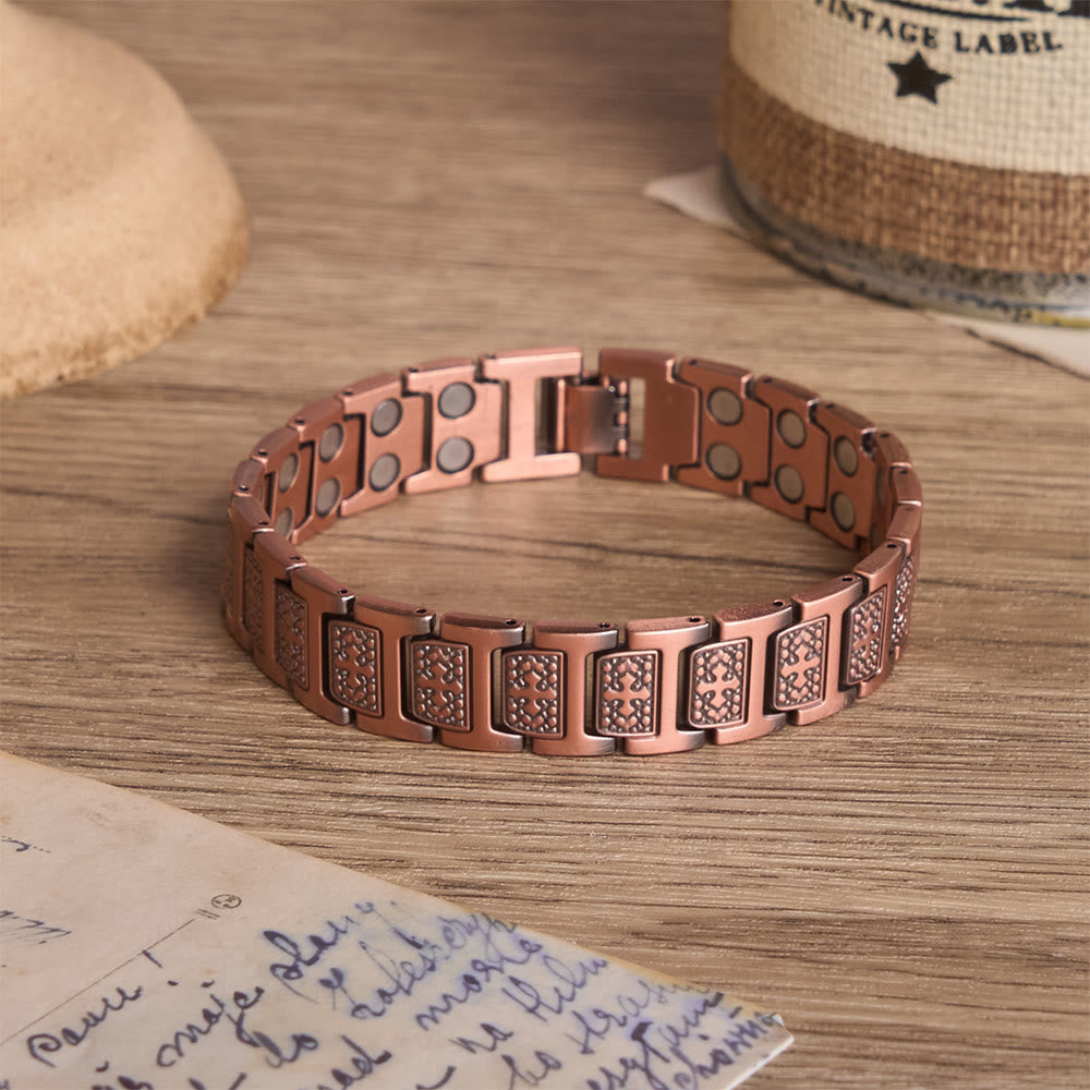 Rectangular Solid Link Bracelet with Bubble Bead Framed Cross Engraving & Foldable Adjustable Clasp