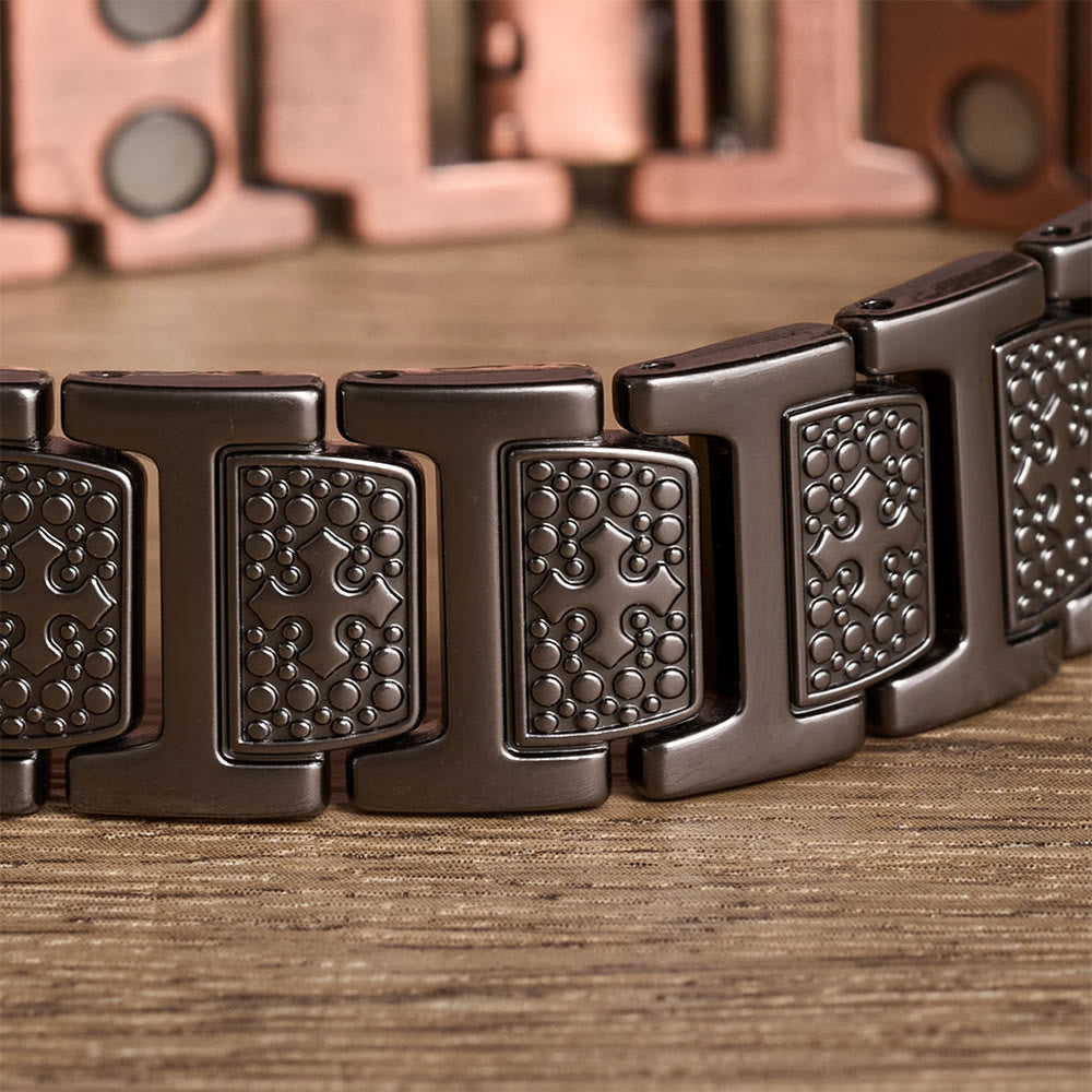 Rectangular Solid Link Bracelet with Bubble Bead Framed Cross Engraving & Foldable Adjustable Clasp