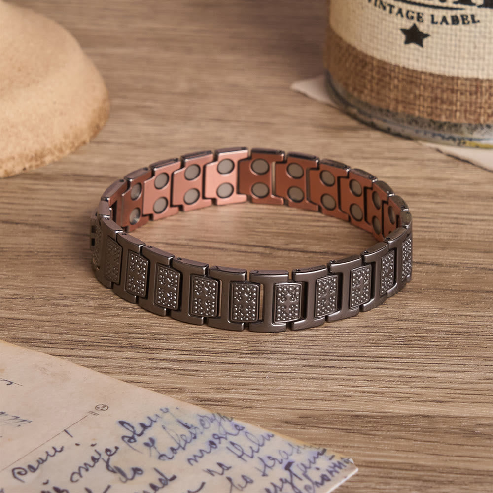 Rectangular Solid Link Bracelet with Bubble Bead Framed Cross Engraving & Foldable Adjustable Clasp