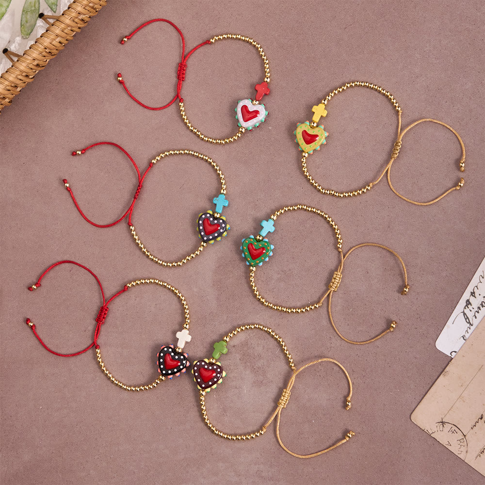 Cartoon Style Hand-Decorated Sacred Heart & Tiny Cross Accent Gold Bead Adjustable Cord Bracelet