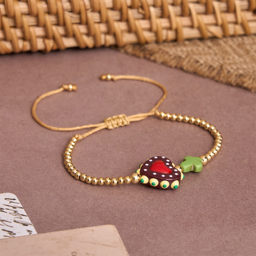 Cartoon Style Hand-Decorated Sacred Heart & Tiny Cross Accent Gold Bead Adjustable Cord Bracelet