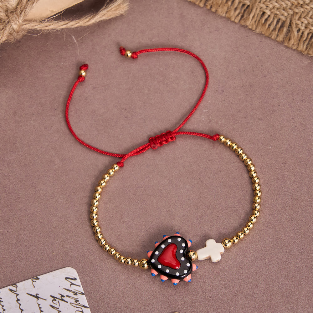 Cartoon Style Hand-Decorated Sacred Heart & Tiny Cross Accent Gold Bead Adjustable Cord Bracelet