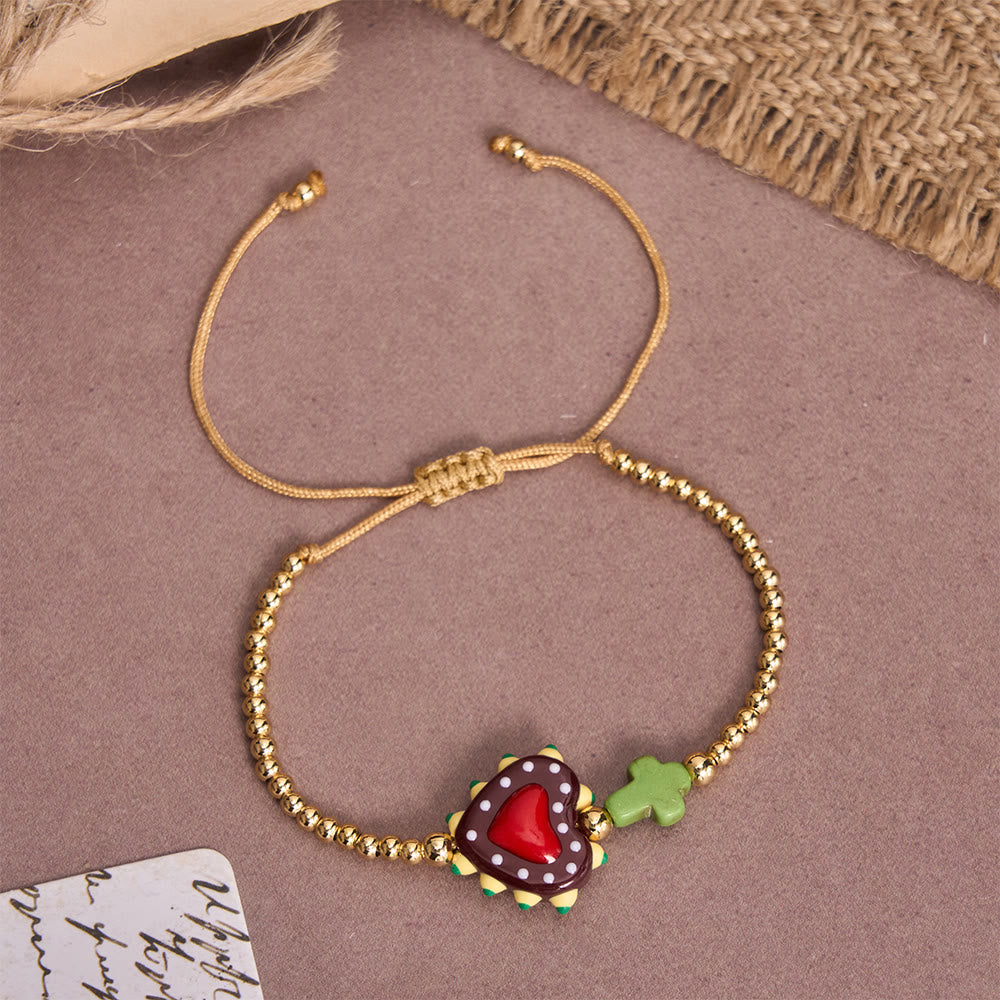 Cartoon Style Hand-Decorated Sacred Heart & Tiny Cross Accent Gold Bead Adjustable Cord Bracelet