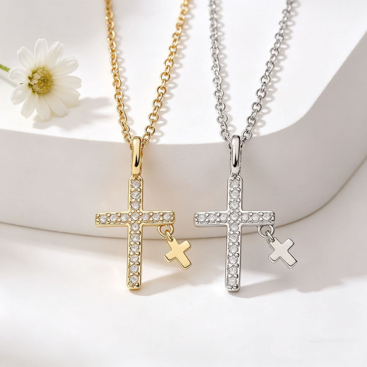 Pave Zircon Inlaid Large Cross Pendant with Solid Mini Dangling Cross & Classic Cable Chain Necklace