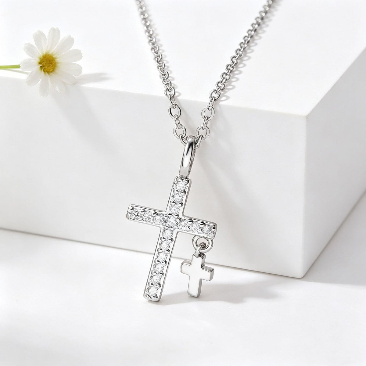 Pave Zircon Inlaid Large Cross Pendant with Solid Mini Dangling Cross & Classic Cable Chain Necklace