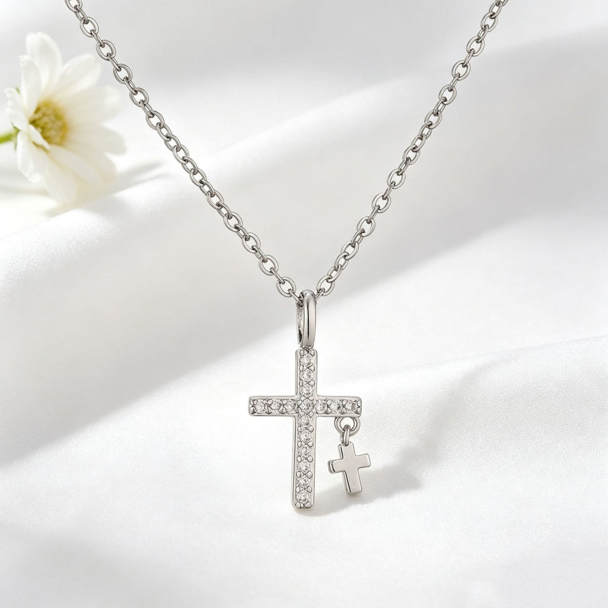 Pave Zircon Inlaid Large Cross Pendant with Solid Mini Dangling Cross & Classic Cable Chain Necklace