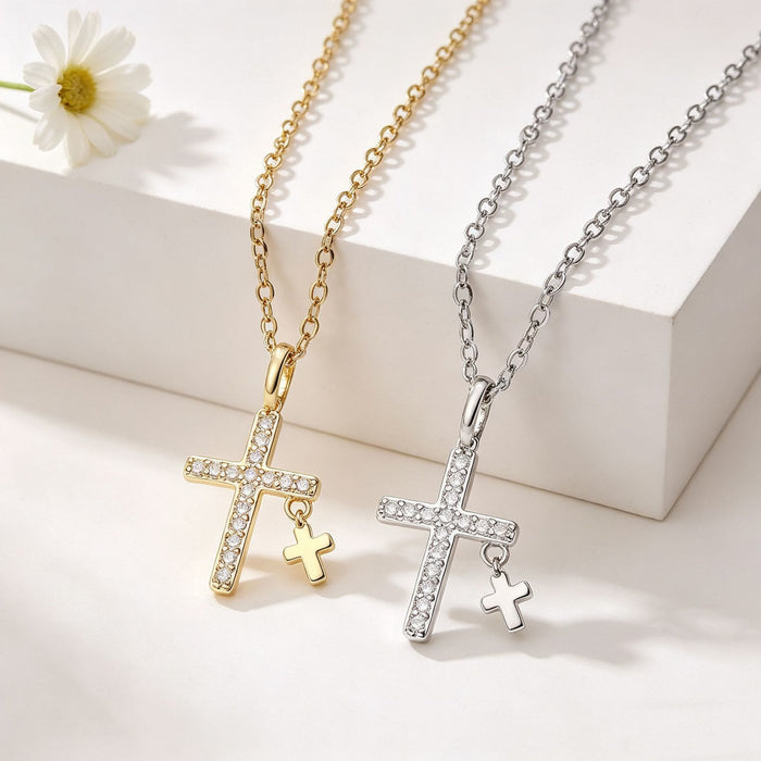 Pave Zircon Inlaid Large Cross Pendant with Solid Mini Dangling Cross & Classic Cable Chain Necklace