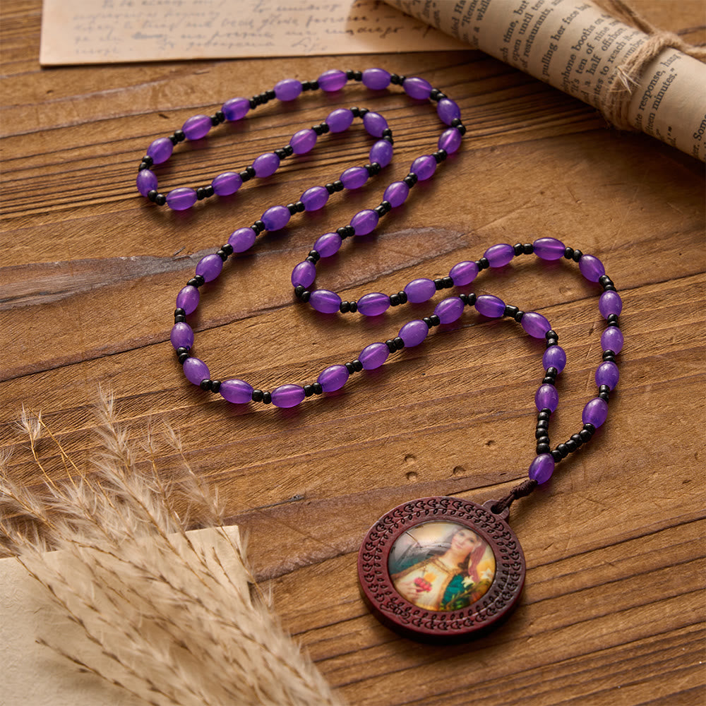 Carved Border Wood Frame Our Lady Printed Portrait Pendant Irregular Gem Bead Cord Necklace