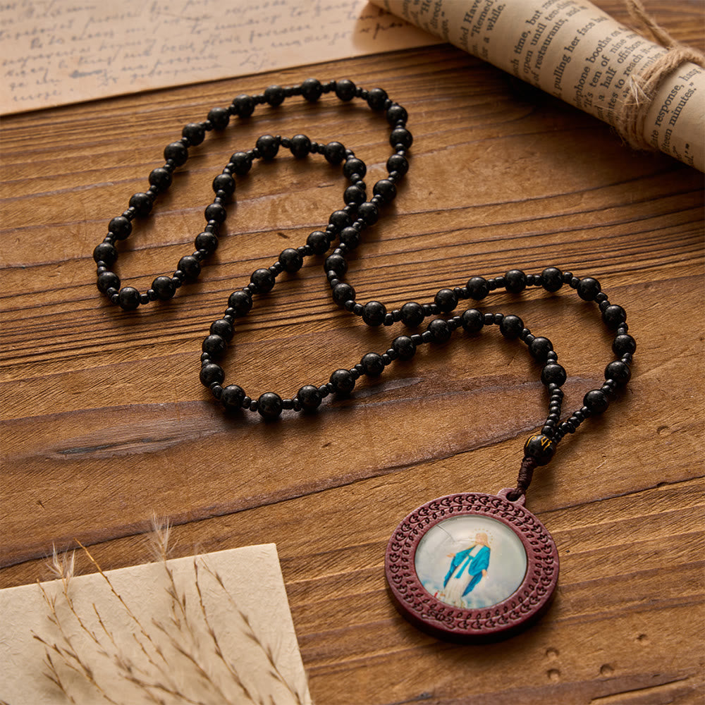 Carved Border Wood Frame Our Lady Printed Portrait Pendant Irregular Gem Bead Cord Necklace