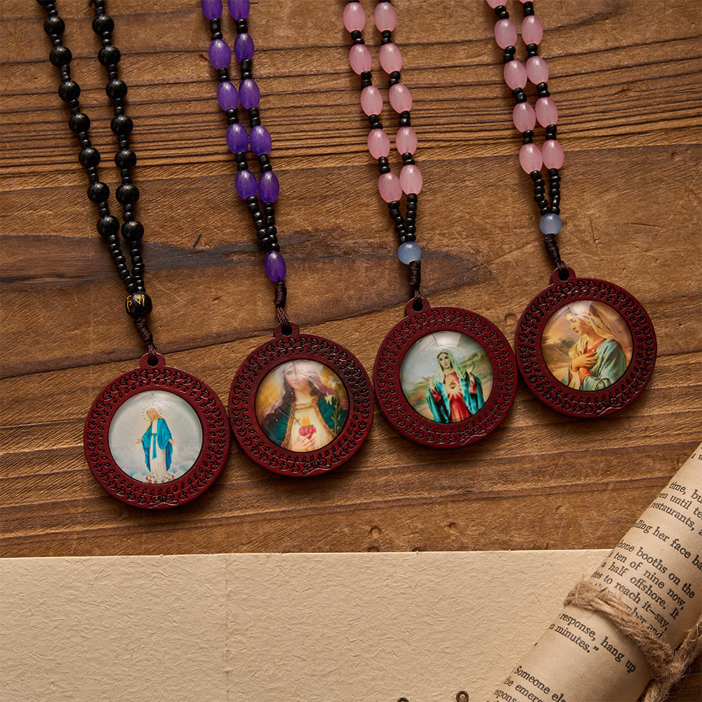 Carved Border Wood Frame Our Lady Printed Portrait Pendant Irregular Gem Bead Cord Necklace