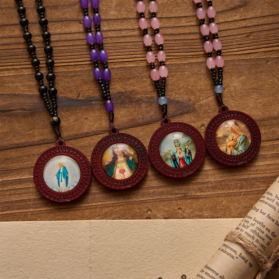 Carved Border Wood Frame Our Lady Printed Portrait Pendant Irregular Gem Bead Cord Necklace