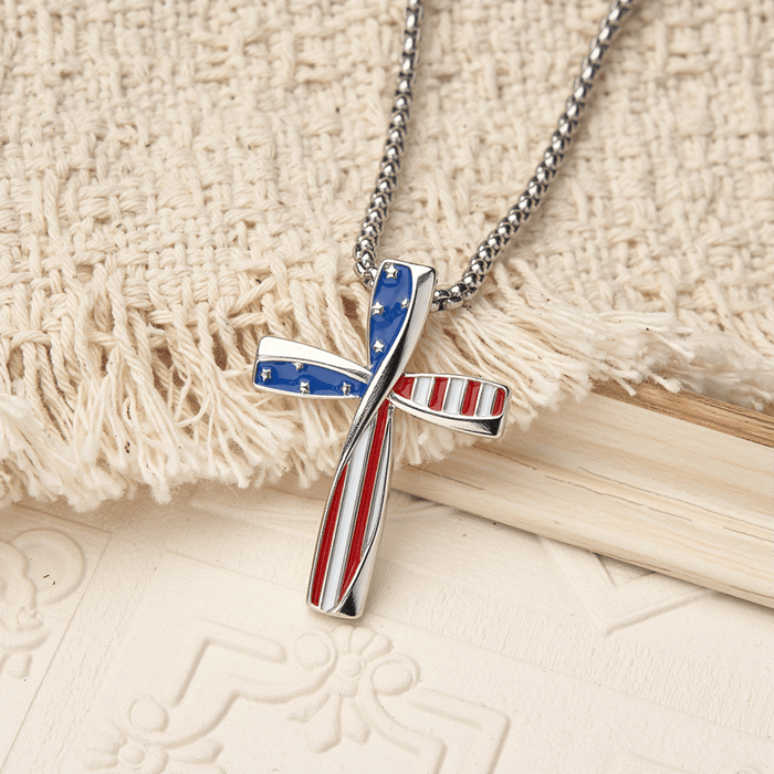 Twisted Wrapped Frame Star & Stripe Enamel Inlay Cross Box Chain Necklace
