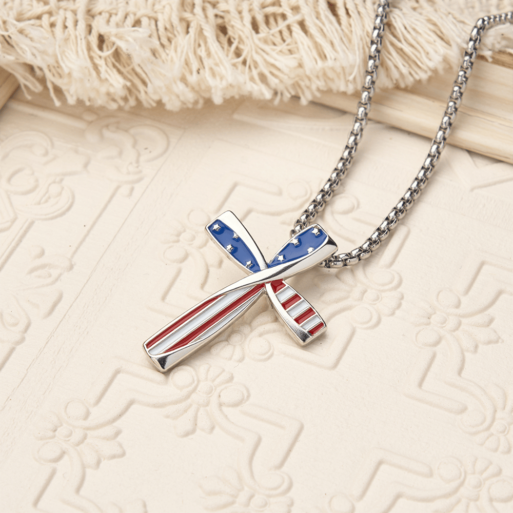 Twisted Wrapped Frame Star & Stripe Enamel Inlay Cross Box Chain Necklace