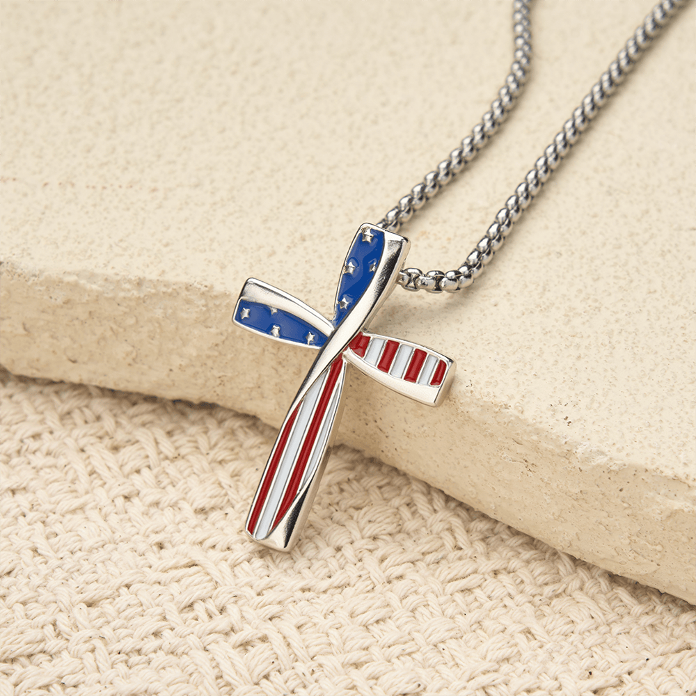 Twisted Wrapped Frame Star & Stripe Enamel Inlay Cross Box Chain Necklace