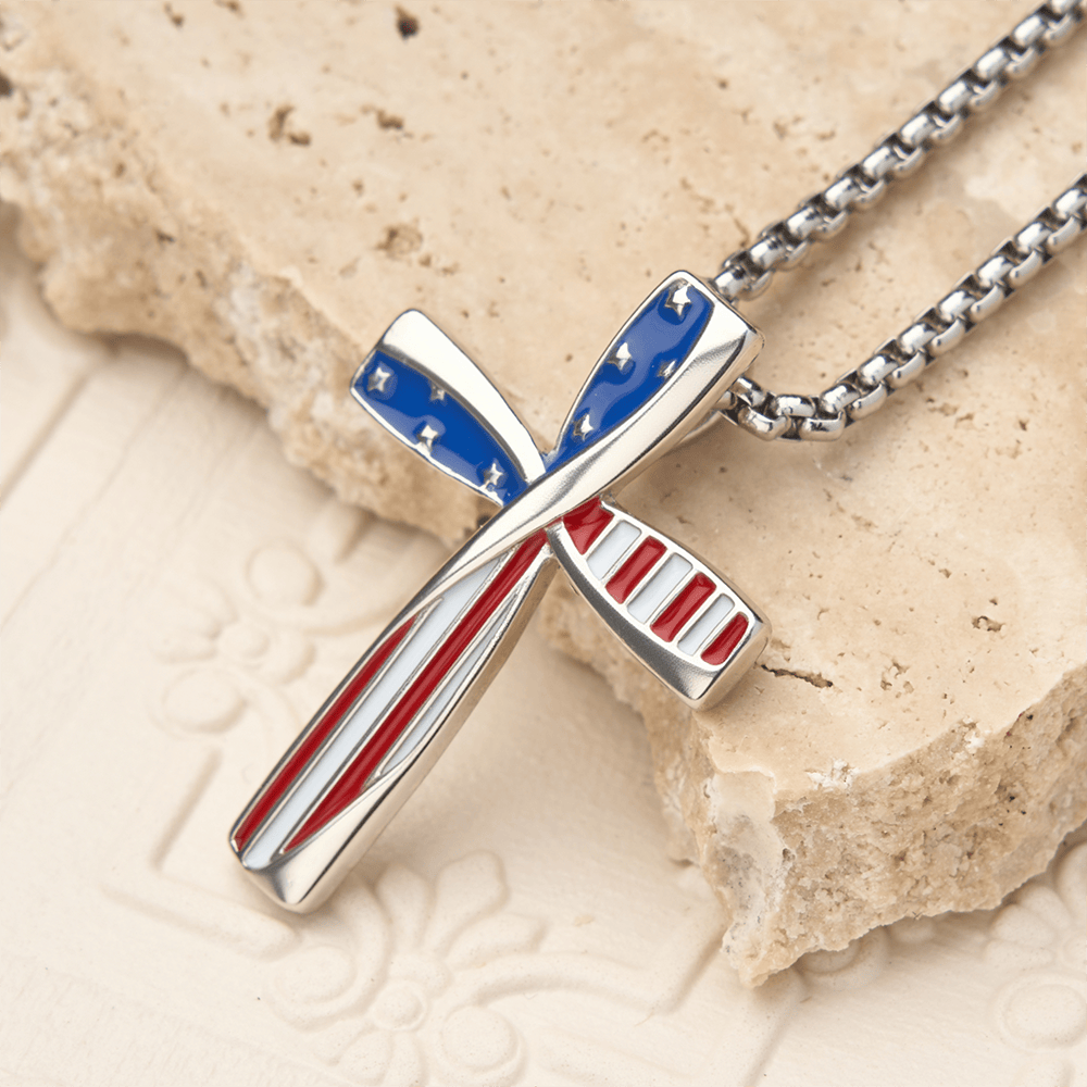 Twisted Wrapped Frame Star & Stripe Enamel Inlay Cross Box Chain Necklace