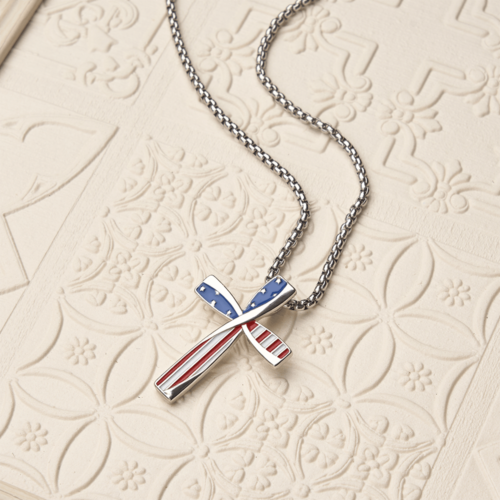 Twisted Wrapped Frame Star & Stripe Enamel Inlay Cross Box Chain Necklace