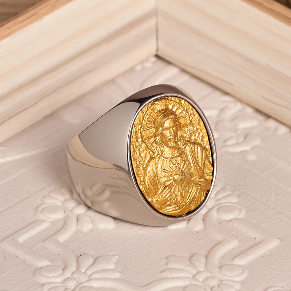 Two-Tone Bezel Oval Embossed Sacred Portrait Signet Ring: A Symbol of Gentle Heavenly Grace & Blessed Safeguard