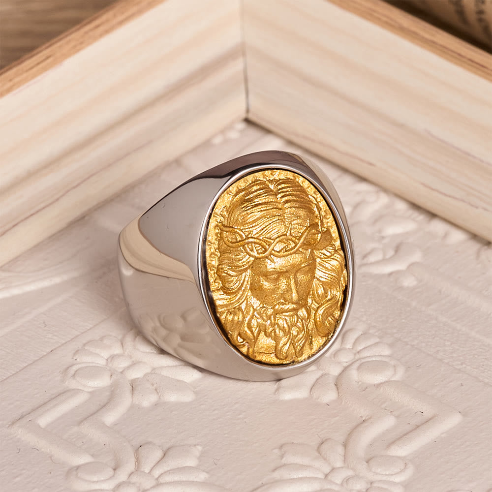 Two-Tone Bezel Oval Embossed Sacred Portrait Signet Ring: A Symbol of Gentle Heavenly Grace & Blessed Safeguard