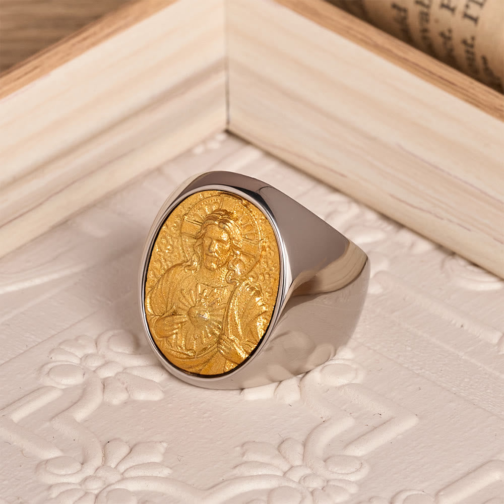 Two-Tone Bezel Oval Embossed Sacred Portrait Signet Ring: A Symbol of Gentle Heavenly Grace & Blessed Safeguard