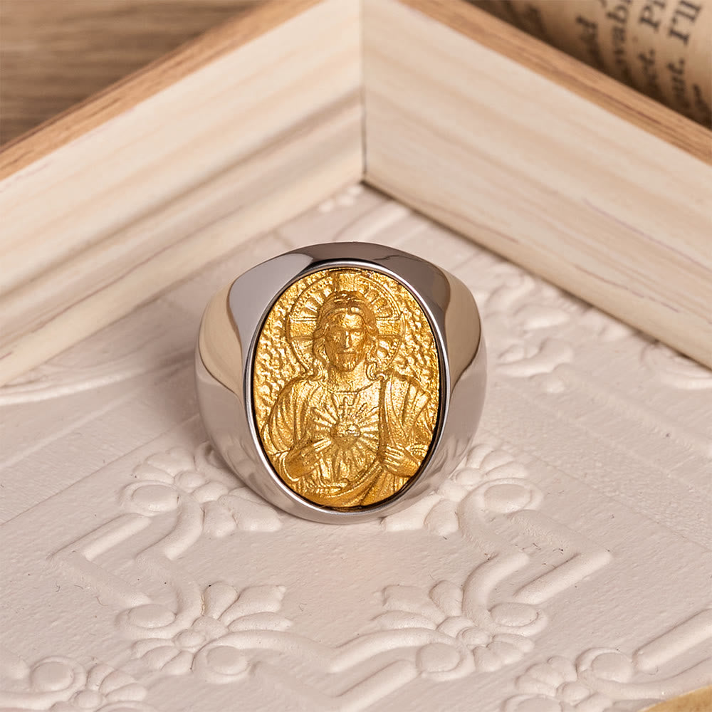 Two-Tone Bezel Oval Embossed Sacred Portrait Signet Ring: A Symbol of Gentle Heavenly Grace & Blessed Safeguard