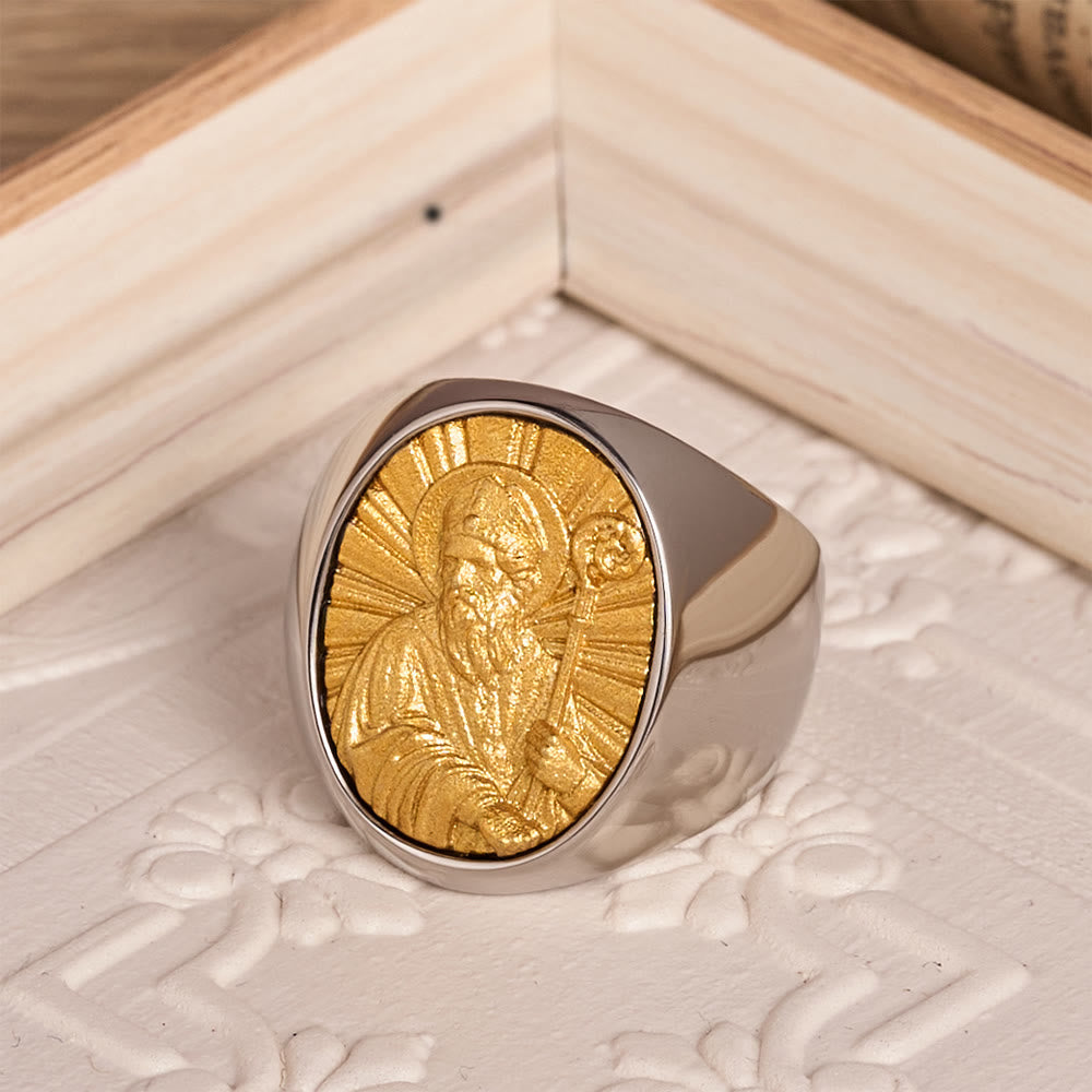 Two-Tone Bezel Oval Embossed Sacred Portrait Signet Ring: A Symbol of Gentle Heavenly Grace & Blessed Safeguard