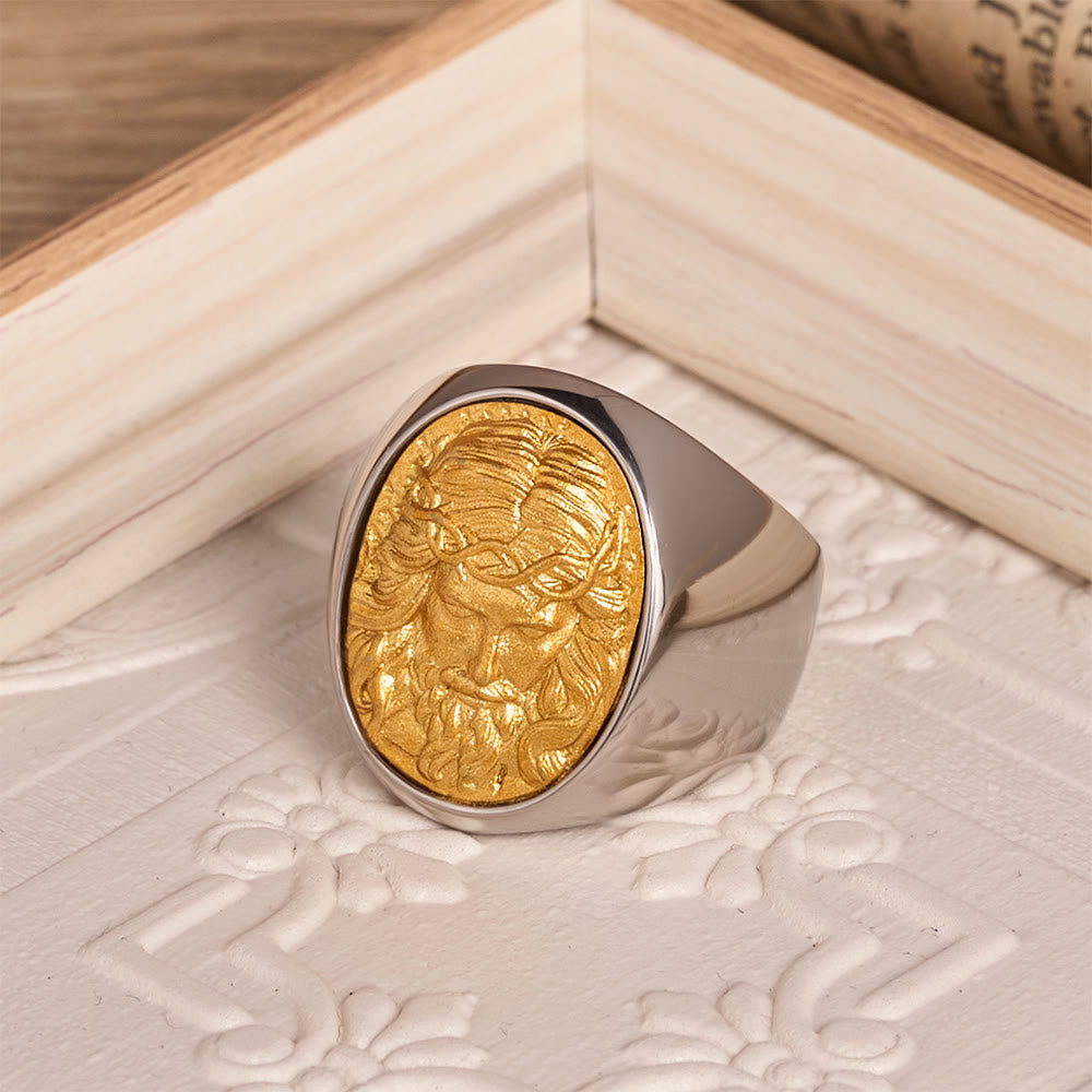 Two-Tone Bezel Oval Embossed Sacred Portrait Signet Ring: A Symbol of Gentle Heavenly Grace & Blessed Safeguard