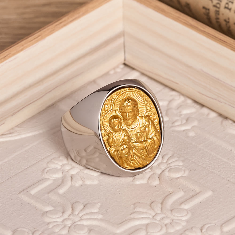 Two-Tone Bezel Oval Embossed Sacred Portrait Signet Ring: A Symbol of Gentle Heavenly Grace & Blessed Safeguard