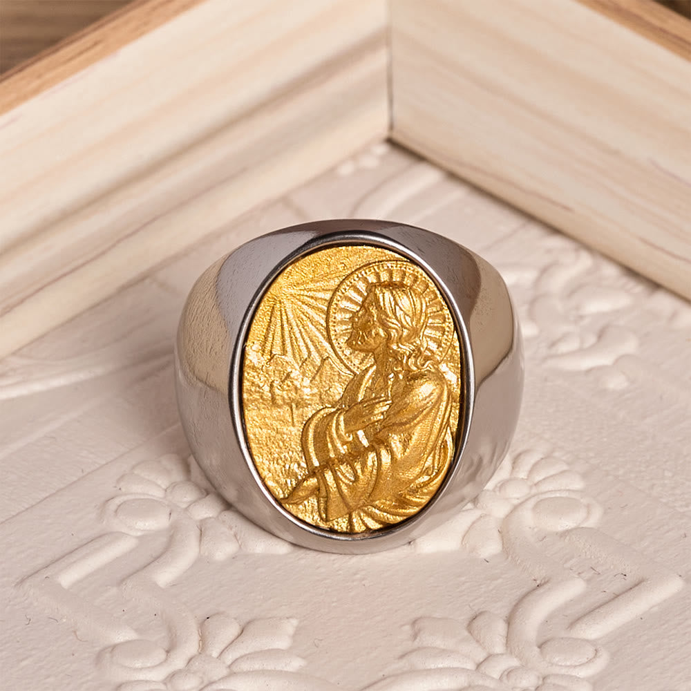 Two-Tone Bezel Oval Embossed Sacred Portrait Signet Ring: A Symbol of Gentle Heavenly Grace & Blessed Safeguard