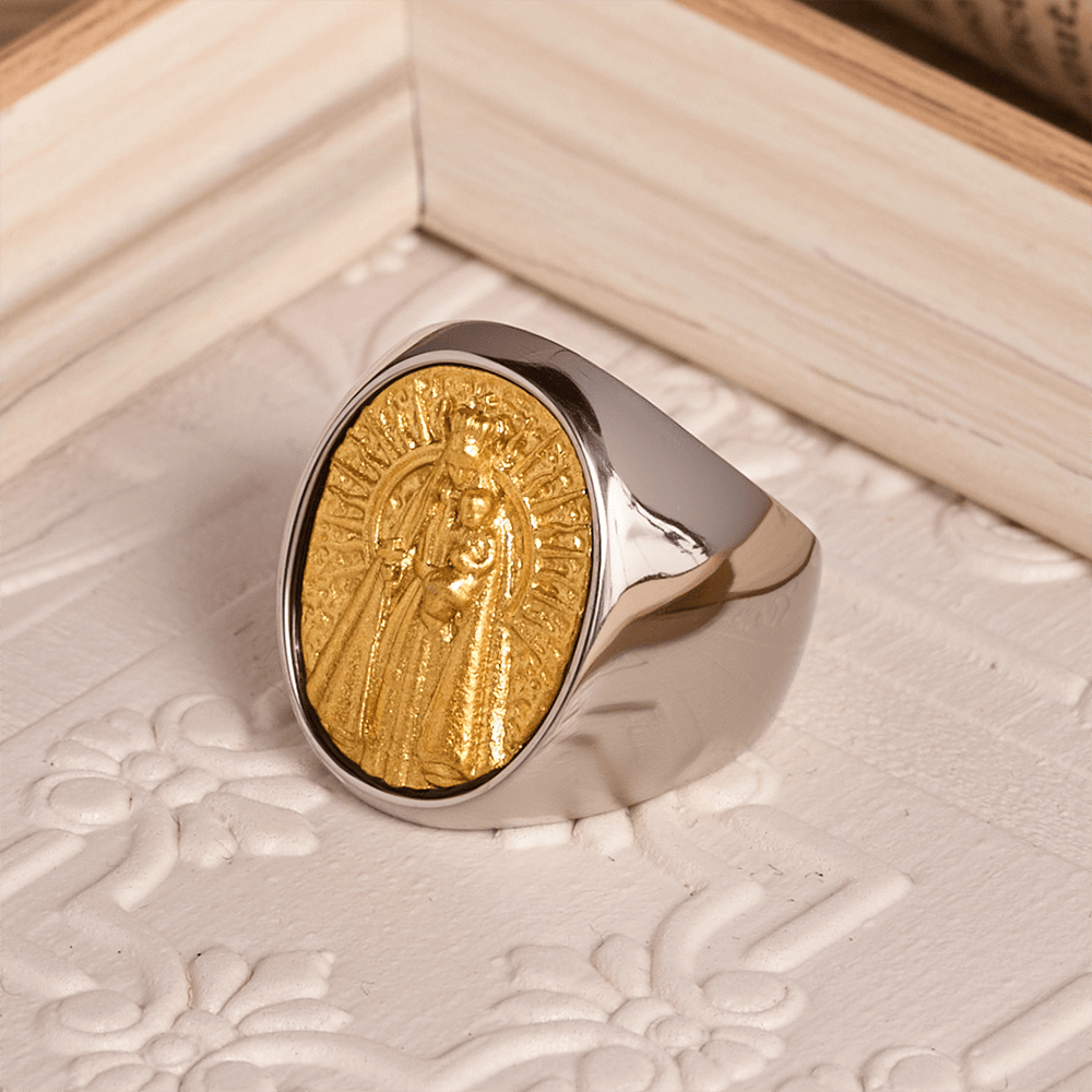 Two-Tone Bezel Oval Embossed Sacred Portrait Signet Ring: A Symbol of Gentle Heavenly Grace & Blessed Safeguard
