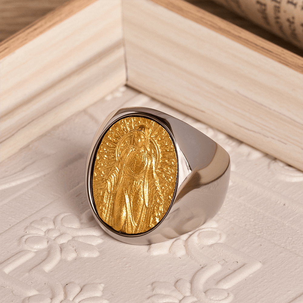 Two-Tone Bezel Oval Embossed Sacred Portrait Signet Ring: A Symbol of Gentle Heavenly Grace & Blessed Safeguard