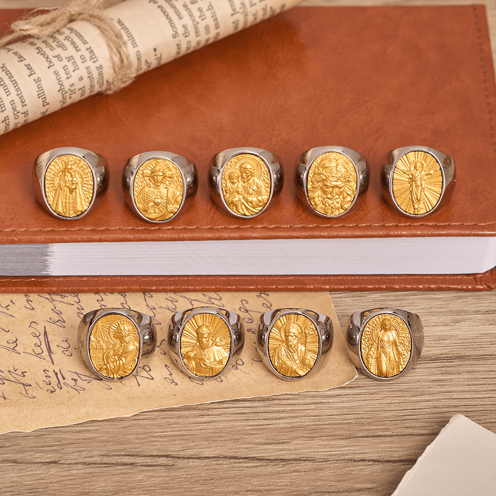Two-Tone Bezel Oval Embossed Sacred Portrait Signet Ring: A Symbol of Gentle Heavenly Grace & Blessed Safeguard