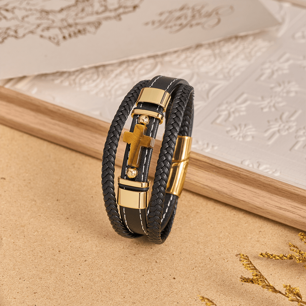 Dual-Cord Braided Stitched Leather Bracelet with Polished Stone Cross & Dual Metal Side Bead Details