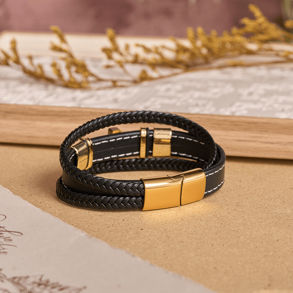 Dual-Cord Braided Stitched Leather Bracelet with Polished Stone Cross & Dual Metal Side Bead Details