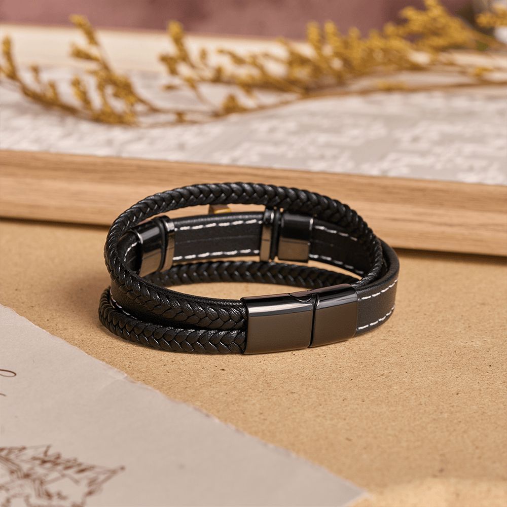 Dual-Cord Braided Stitched Leather Bracelet with Polished Stone Cross & Dual Metal Side Bead Details