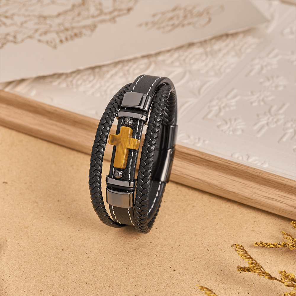 Dual-Cord Braided Stitched Leather Bracelet with Polished Stone Cross & Dual Metal Side Bead Details