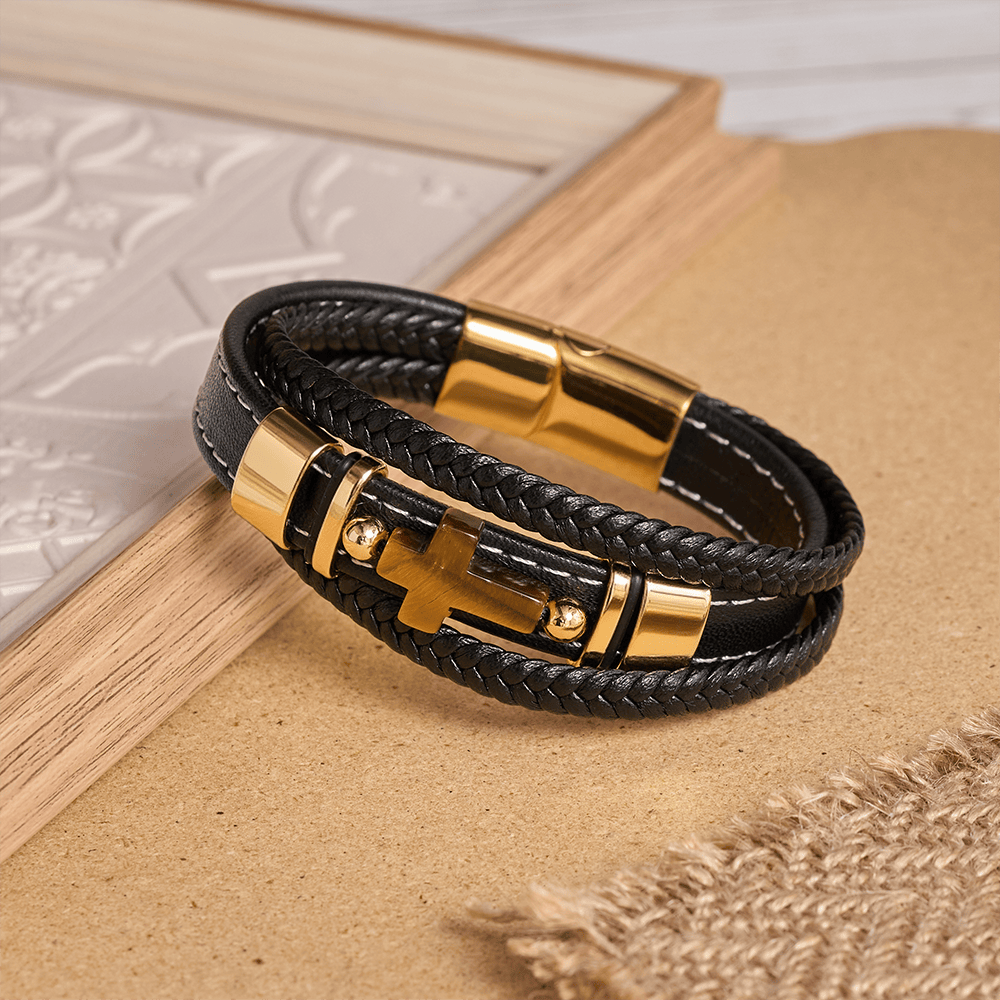 Dual-Cord Braided Stitched Leather Bracelet with Polished Stone Cross & Dual Metal Side Bead Details