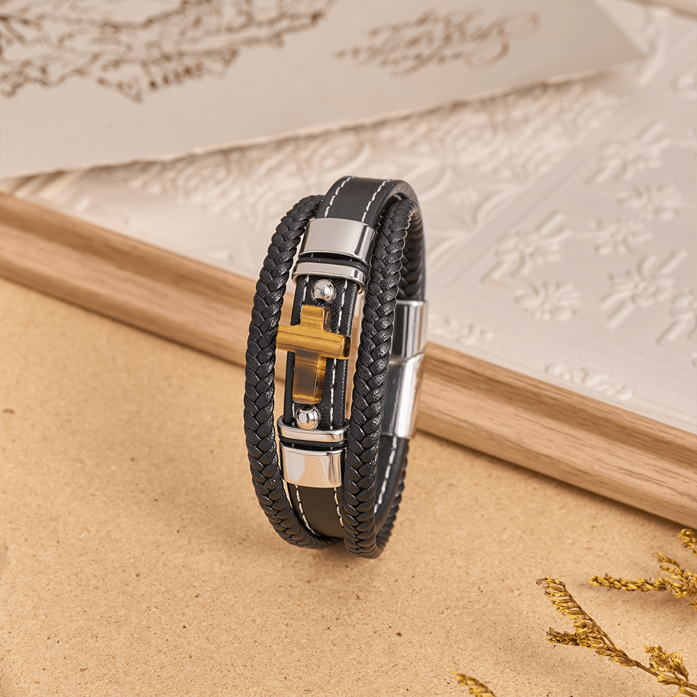 Dual-Cord Braided Stitched Leather Bracelet with Polished Stone Cross & Dual Metal Side Bead Details