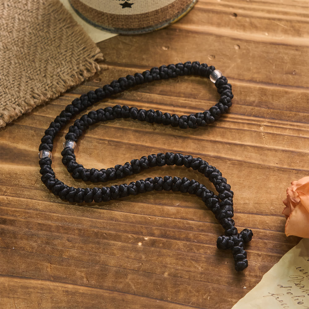 Blue & Black Cross 100 Blessing Knots String Necklace: Cherished Symbol of Holy Blessing