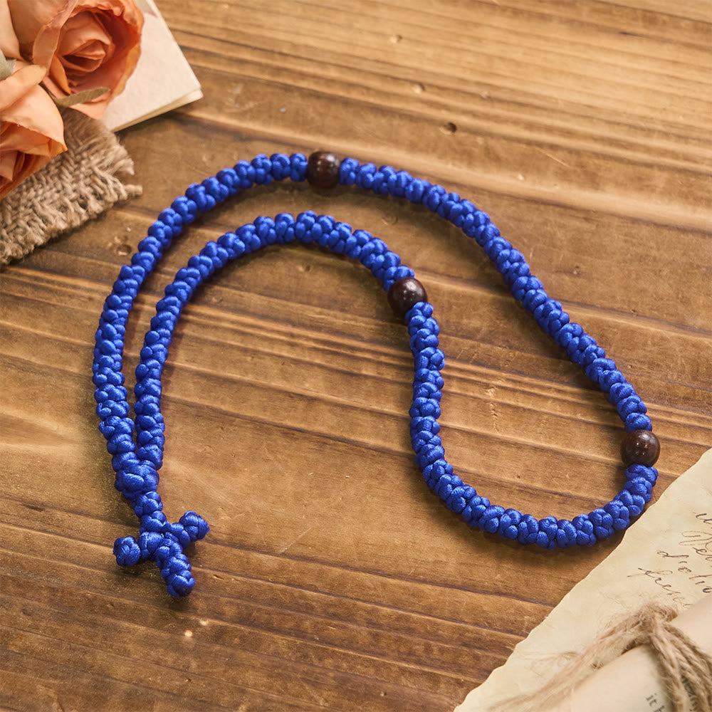 Blue & Black Cross 100 Blessing Knots String Necklace: Cherished Symbol of Holy Blessing