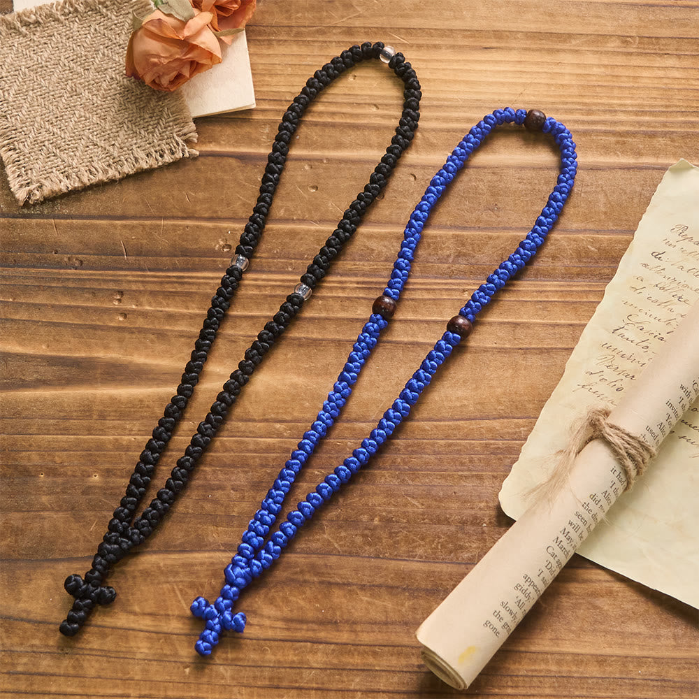 Blue & Black Cross 100 Blessing Knots String Necklace: Cherished Symbol of Holy Blessing