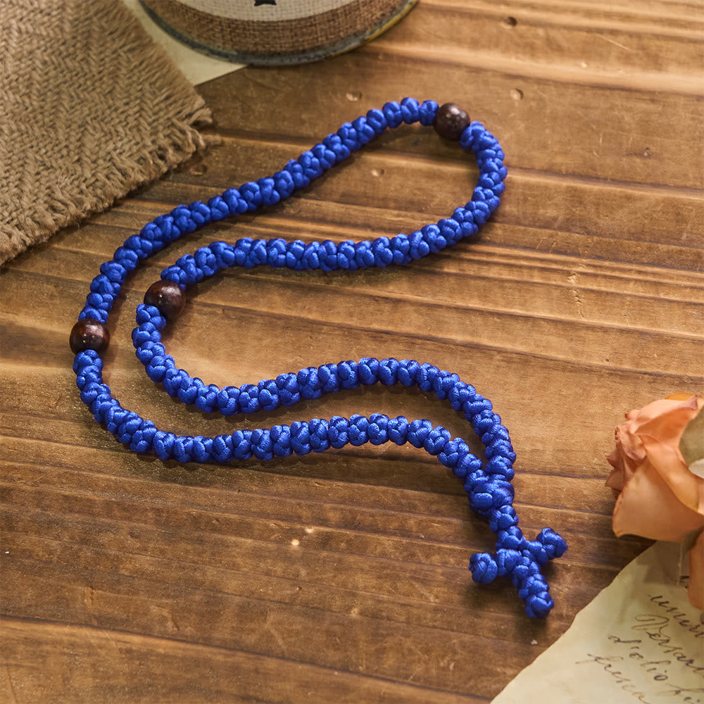 Blue & Black Cross 100 Blessing Knots String Necklace: Cherished Symbol of Holy Blessing